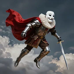 man wearing theater comedy mask flies through the clouds, he is wearing elizabethan boots and ruff, he is wearing a red billowing capelet draped over his shoulder, he is wearing armored gauntlets and armored greaves, he carries a shortsword in his left hand, dramatic theater lighting