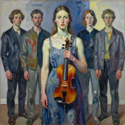 front view of woman standing with violin down painted by vincent lefevre and hernan bas and thomas houseago and pat steir and hilma af klint, psychological, photorealistic, symmetrical face, dripping paint, washy brush, rendered in octane, altermodern, masterpiece