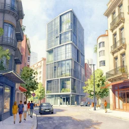 a hiper intricate watercolor of a beautifull modern street scene, extremely detailed, sharp focus, low angle wide shot, smooth, digital illustration, colorfull, by william turner art, by greg rutowski, by carl larson, by edmund dulac