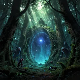 intergalactic stargate portal in the middle of a dense forest, with light shining through the trees and strange creatures lurking in the shadows by mike mignola