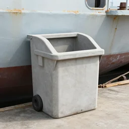 dry dock concrete clamshell grill garbage can on an abandoned motorboat hull,