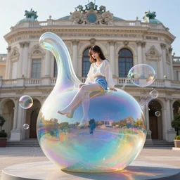 a beautiful girl sitting on an unfinished klein bottle sculptural, chroma iridescence, colors, glassy, reflective and refractive, soap bubbles floating, situated on baroque theatre architecture background, morning light, data streaming