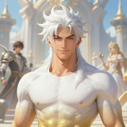 portrait of a fit male with strange hairs, soft smile, final fantasy, league of legends champion, strong iridescent light, by chengwei pan and sakimichan and greg rutkowski and alphonse mucha, gradient white to gold, in front of a magical building background, highly detailed portrait, digital painting, smooth, focus illustration