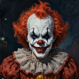 creepy clown, extreme fine detail background, night, highly detailed, high quality, digital painting, hyperrealistic, by nicola samori and wayne barlowe