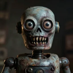 a horrifying terrifying robot created in 1950. scary petrifying deadly teeth, wide eyes with small pupils staring into your soul, uncanny valley