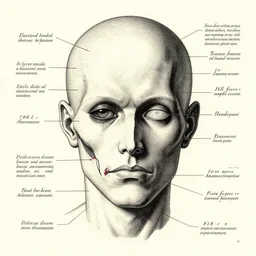 vintage medical anatomical illustration of pinhead from hellraiser ( 1 9 8 6 ), highly detailed, labels, intricate writing