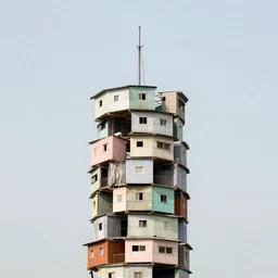 a tower made up of makeshift squatter shacks with pastel colours, mamiya, 8 5 mm, f 1. 7, fully frontal view, uniform plain sky, fine details, photographed by julie blackmon and andreas gursky