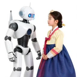 electric colors 4 k photograph of a robot and a korean girl in a traditional dress are in love with each other and looking at dinosaurs in american museum of natural history, cyberpunk fashion, 1 9 9 0 photo from vogue magazine