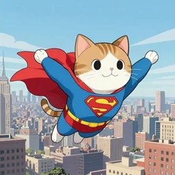 a cat with a superman costume flying over new york city, manga style, HD