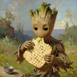 painting of Groot eating matzah, thomas Kinkade
