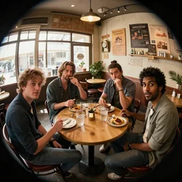hollywood stars in a cafe, Greg Rutkowski, Zabrocki, Karlkka, Jayison Devadas, trending on Artstation, 8K, ultra wide angle, zenith view, pincushion lens effect