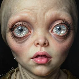 close up portrait of a mutant monster creature with crystal eyes, small open pinky lips, fractal long eyelashes, cloth, needles. jan van eyck, walton ford