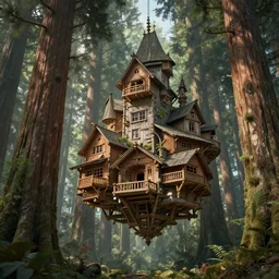a suspended wooden village in a forest of giant tall trees with large trunks, ultra detailed, concept art, game art, matte painting, by tomasz alen kopera and peter mohrbacher, and michel - ange, artstation 8 k, octane render