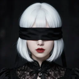 a blindfolded young Japanese Korean woman with white hair in a bob cut, a character portrait by Bernardino Mei, featured on cgsociety, anime aesthetic, vanitas, gothic, goth, elegant, 35mm f1/8 photograph