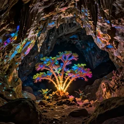 A cave with new life coming out of it, vivid colors, artstation, negative space,  bioluminescent, sharp focus
