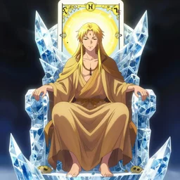 a well drawn spiritual guru sitting on a throne of ice drawn by studio trigger, in the style of Little Witch Academia, spiritual enlightenment, tarot card