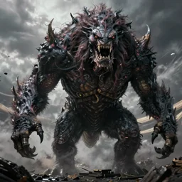 Gigantic quadruped monster with hair like fingers, high quality fantasy horror art, 4k