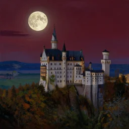 stunning landscape of maroon midnight sky, large fullmoon, central european castle ruins in a mountainous forest, intricate details, digital art by rob gonsalves, oil on canvas by ivan shishkin