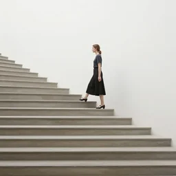 full view, from a distance, of marcel duchamp as a woman walking down a staircase, style of yoshii chie and hikari shimoda and martine johanna and will eisner, highly detailed
