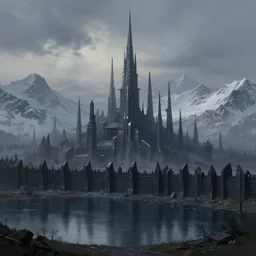 scenic view of a fantasy city behind a black defensive rampart, tall thin elegant obsidian towers, a lake in the foreground, snowy mountain in the background, overcast dusk, matte painting by marc simonetti, trending on artstation