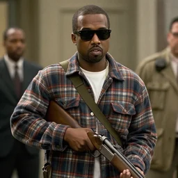 film still of kanye west as nada wearing a flannel shirt and sunglasses and holding a shotgun with a bandolier in bank scene in they live 1 9 8 8