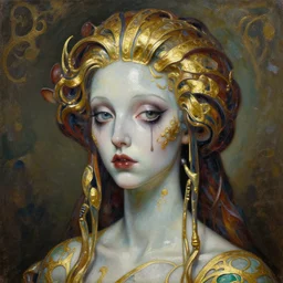 high resolution sharp focus extremely hyperrealistic horrifyingly beautiful 3 / 4 portrait oilpainting of bug lady portrait by michael hussar in style of michael hussar and rene lalique artnouveau ceramic effect gild strips like ali franco's paintings 8 k