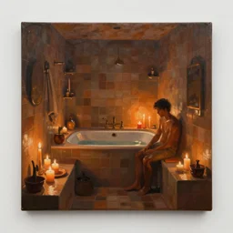 painting of an interior of a bath house with candles by greg rutkowski and craig mullins, cozy atmospheric and cinematic lighting, trending on artstation