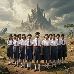 kerala school boys wearing girls dresses posing for a photo, daylight, an epic fantasy, dramatic lighting, cinematic, establishing shot, extremely high detail, photorealistic, cinematic lighting, artstation, matte painting by simon stalenhag, horizon forbidden west landscape