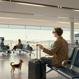 man with eye glasses, luggage, dog, waiting in a large airport lounge looking at the horizon. moebius, roger dean