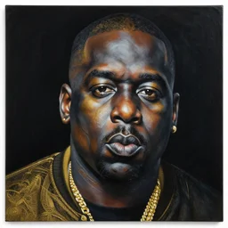 a hyper realistic painting of biggie smalls, art by basquiat, intricate, ultra detailed, photorealistic, black and gold colors, dark background trending on artstation