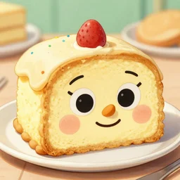 1950's cookbook color illustration of anthromorphic cake adorable cute cartoon face sharp detail high detail