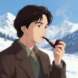 sartre smoking a pipe, snow mountains in the background, anime art, unreal render, hyper detailed drawing, intricate, anime key visual, manga, digital painting, artstation, hard focus, symmetry, illustration, landscape