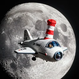 a spaceship designed by Dr Seuss flying around the moon