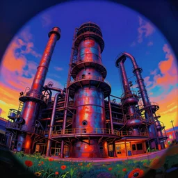 industrial architecture by lee madgwick, fisheye poppy nightsky thermal vision biopunk evil, archdaily, wallpaper, highly detailed, trending on artstation.