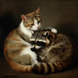 a painting by caravaggio : a cat and a racoon cuddling