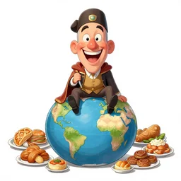 caricature of ruler of the world, sit on an atlas, funny face, laughing, many foods around, cartoon