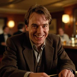 photorealistic close up cinematography of the character jack torrance from stanley kubrick's 1 9 8 0 film the shining sitting at the overlook hotel's gold ballroom bar laughing right at the camera shot on 3 5 mm 5 2 4 7 film by the shining cinematographer john alcott on a 6 5 mm cooke panchro macro lens.