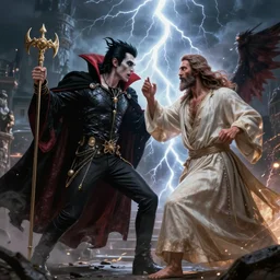 dracula fighting jesus, digital art, highly detailed, epic composition, cinematic lightning