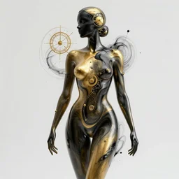 perfect female body silhouette, liquid sculpture, astral clockwork, abstract shapes, photorealism, beautiful portrait, golden and black latex mixture, black ink