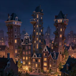 a magical town with a few very crooked and deformed tall buildings, inspired by amsterdam and victorian england, night time, magical realism, dreamlike, digital painting, highly detailed, concept art, game art, matte painting, trending on artstation, octane render, 8 k, unreal engine