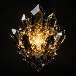 symmetrical, black crystal eminating gold light, black background, 4 k, madness, eternal mystery, atmospheric scene, epic scene,