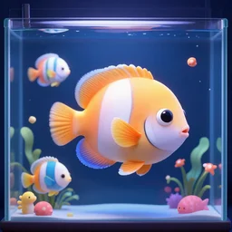 3 d render of a cute tropical fish in an aquarium on a dark blue background, digital art