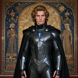 paul atreides from dune, bright blue eyes, pensive, wearing still suit, sleek futuristic armor, cape, mughal art, farrukh beg, abd al - samad, mir sayyid ali.
