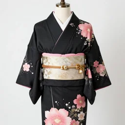 a pink flower themed black kimono, photo studio, professional photo, lighting, nicely detailed, 8k