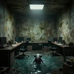 backrooms office space, ominous lighting, moldy walls, demogorgon wading in shallow water