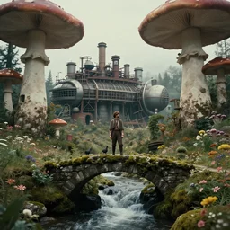 adventurer ( ( ( ( ( 1 9 5 0 s retro future steam turbine and mill in forrest of giant mushrooms, moss and flowers stone bridge waterfall. muted colors. ) ) ) ) ) by jean baptiste monge!!!!!!!!!!!!!!!!!!!!!!!!! charles vess, anato finnstark, cinematic lighting