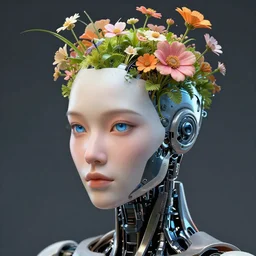 close up portrait of a cyborg with flowers growing out of its head, digital art