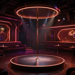 the inside of magic city in atlanta, empty strip club, a stage with a stripper pole, empty stage, pole dancing, trending on artstation, depth field, unreal engine, cinematic, hyper realism, high detail, octane cinema 4 d render, a 2 4 cinematography, 8 k