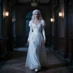 Halloween film, cinematic color tones. Scene where a woman in white walking dark hallways in old mansion at midnight , focus her front