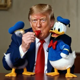 donald trump portrait eating stawberries with donald duck, in the style of rembrandt